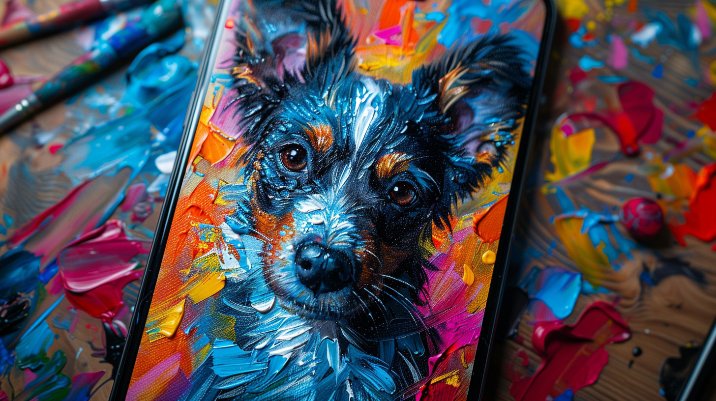 Portrait of a dog on a smartphone